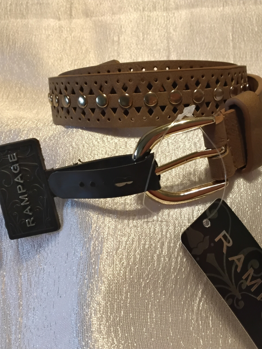 Rampage Men's Tan Studded Perforated Belt with Gold Buckle